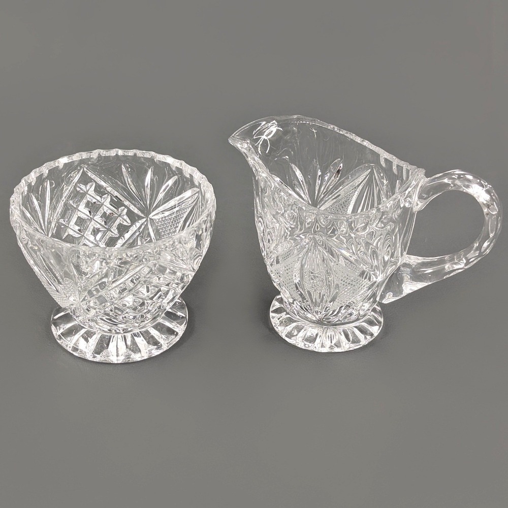 Vintage Cut Glass Creamer and Open Sugar Bowl Set Diamond Starburst Pattern